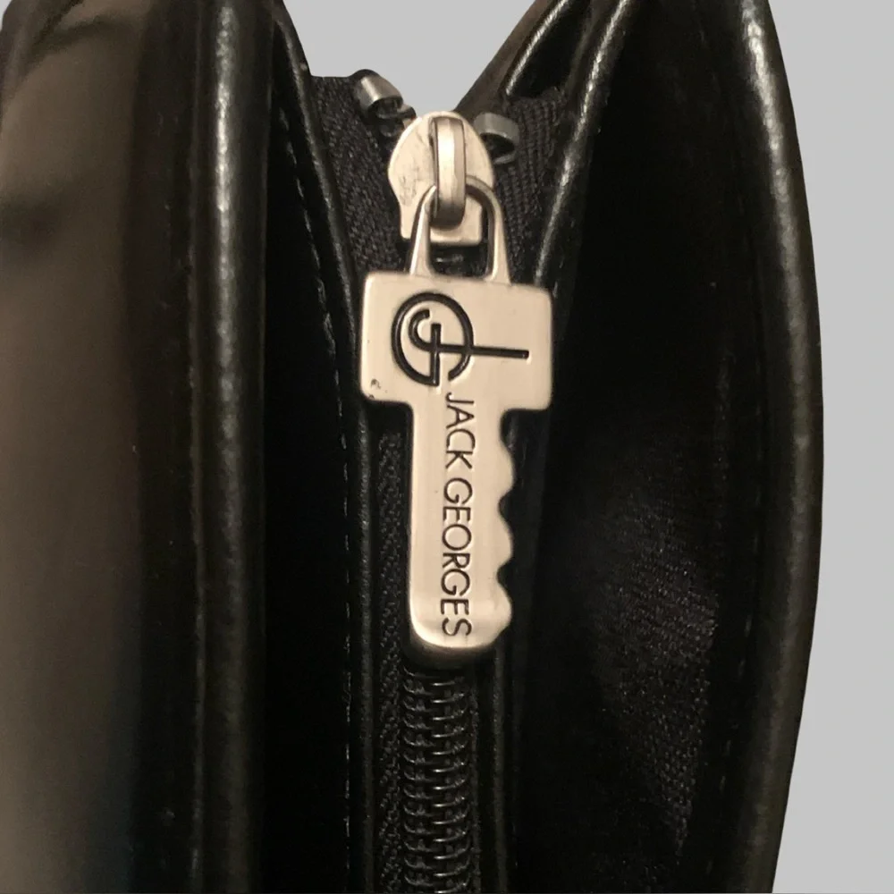 Jack Georges slim black leather briefcase laptop bag with crossbody strap